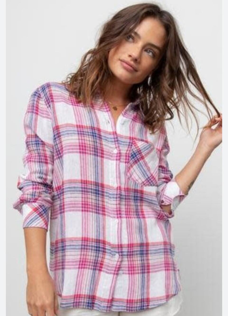 Rails Charli Button Down Shirt White Fuschia Linen Plaid M